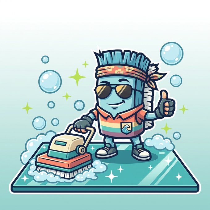 Squeaky mascot deep-cleaning a mat